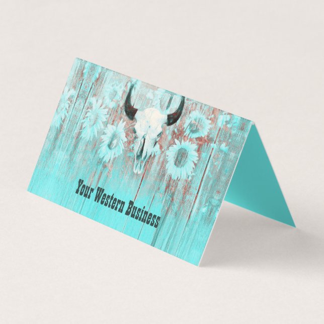 Carte De Visite Rustic Teal Western Bull Skull Sunflowers On Wood (Devant)