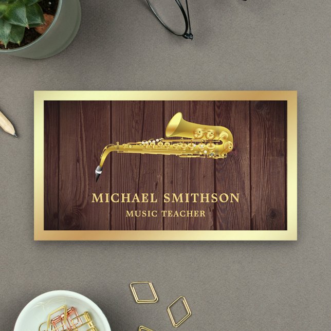 Carte De Visite Rustic Wood Gold Foil Saxophone Music Enseignant (Créateur téléchargé)