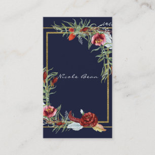 Carte De Visite Rustique Automne Marsala Floral Navy Bleu Chic Élé