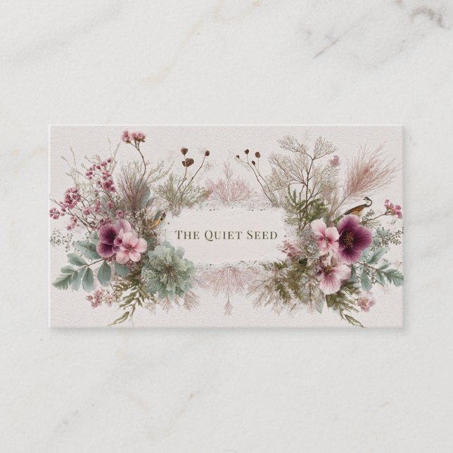 Carte De Visite Rustique Bohème Botanique Fleur Rose et Oiseau (Devant)