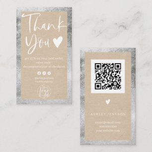 Carte De Visite Rustique kraft blanc logo argenté commander merci