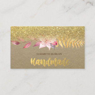 Carte De Visite Rustique, Kraft, Fleur Aquarelle, Ombre Pailletée