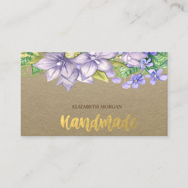 Carte De Visite Rustique, Kraft, Fleurs à l'aquarelle (Devant)