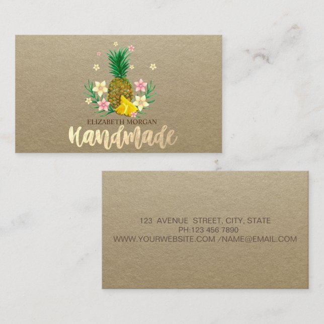 Carte De Visite Rustique, Kraft, Fleurs d'ananas Fabriquées à la m (Devant / Derrière)