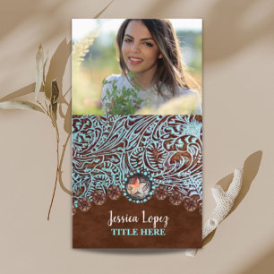 Carte De Visite rustique turquoise brun western cuir