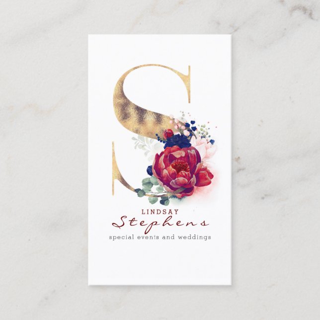 Carte De Visite S Monogram Burgundy Gold et Navy Blue Floral (Devant)