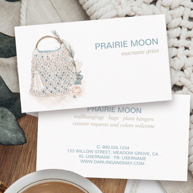 Carte De Visite Sac à main en macramé aquarelle boho (Boutique business card with boho feminine macrame crochet bag in neutral color story)