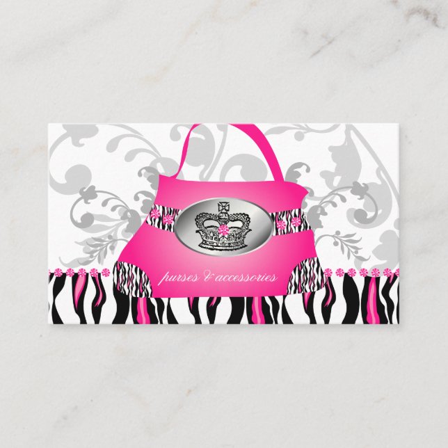 Carte De Visite Sac à main mode Couronne Pink Zebra Floral 2 (Devant)
