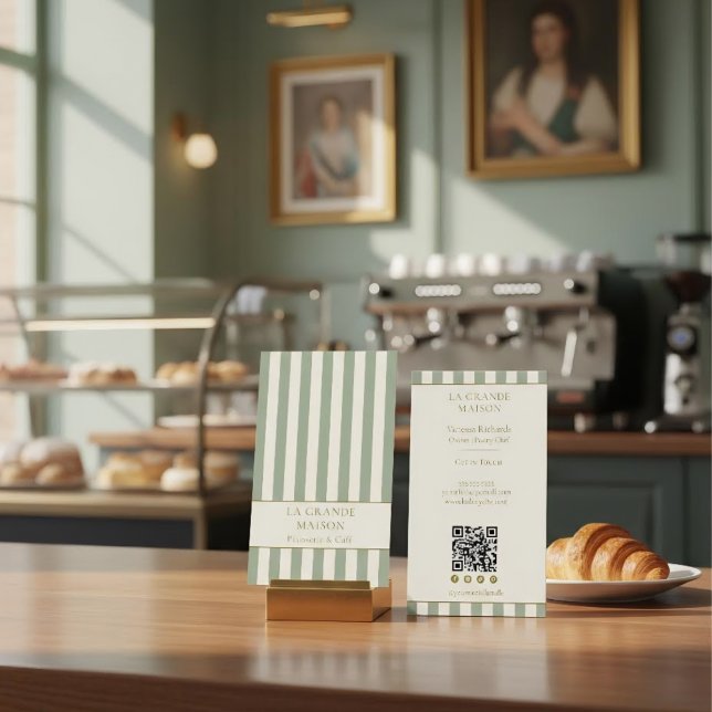 Carte De Visite Sage Bandes Verticales Code QR Boulangerie Françai (Créateur téléchargé)