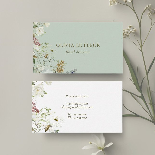 Carte De Visite Sage et blanc | Élégant minimal Botanique (Créateur téléchargé)