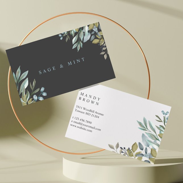 Carte De Visite Sage Et Feuille Aquarelle Verdure (Sage And Leaf Watercolor Greenery Business Card)