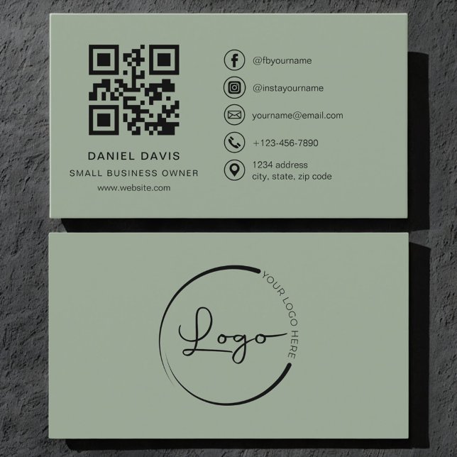 Carte de visite Sage Green avec code QR pour logo  (Créateur téléchargé)