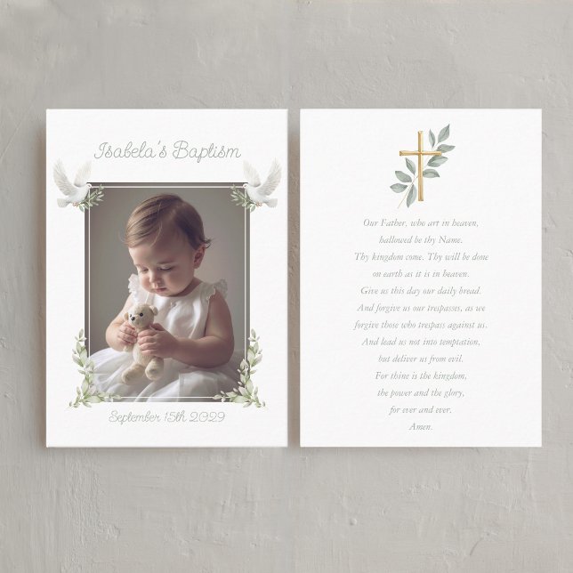 Carte De Visite Sage Green Baptism Photo Lord's Prayer Card (Baptism Lord's prayer Card with Photo)