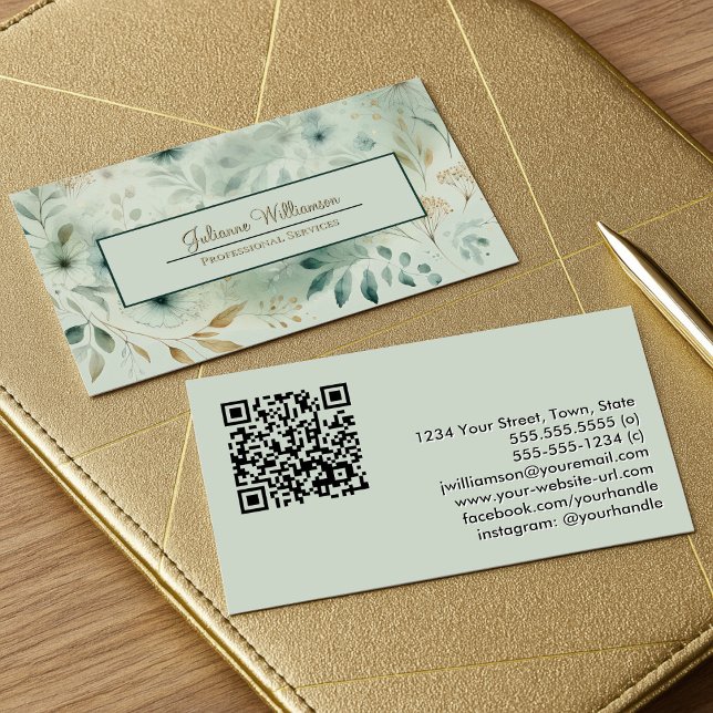 Carte De Visite Sage Green & Gold Aquarelle Botanique QR Code (Front/Back)