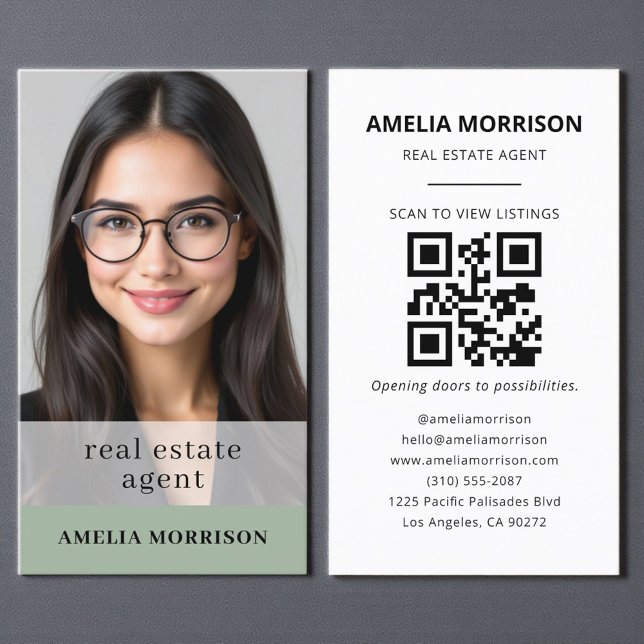 Carte De Visite Sage Green Immobilier Agent QR Code Photo (Créateur téléchargé)