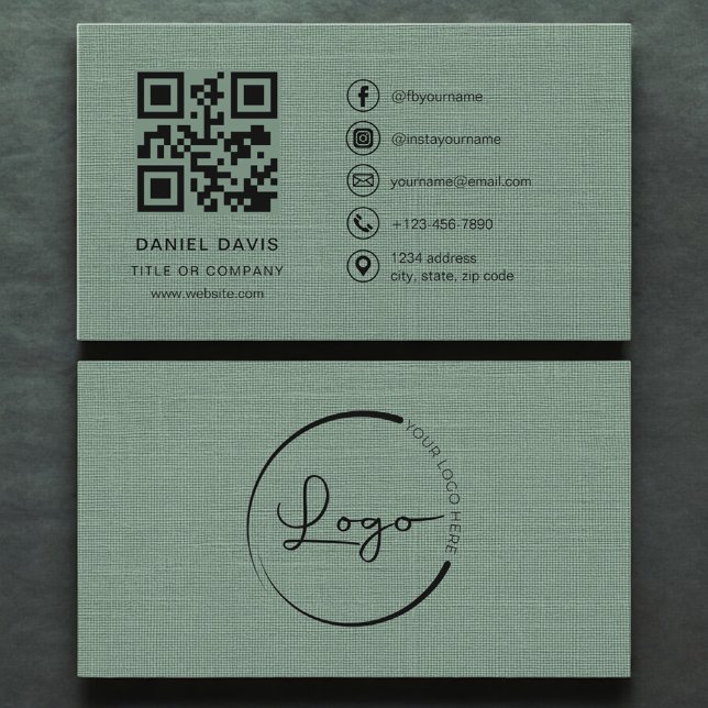 Carte De Visite Sage Green Linen Company Logo QR Code  (Créateur téléchargé)