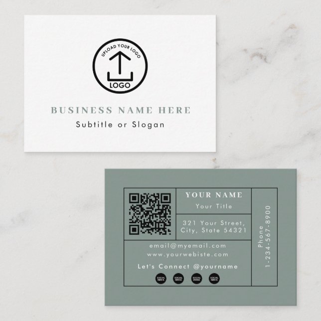 Carte De Visite Sage Green Logo QR Code Social Media Contact (Devant / Derrière)