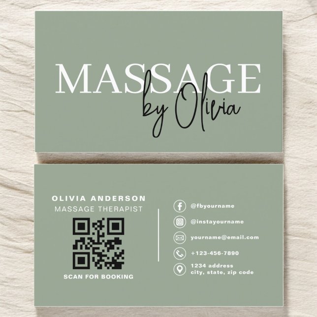 Carte De Visite Sage Green Massage Therapist QR Code (Créateur téléchargé)