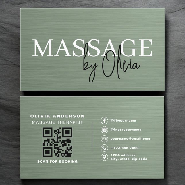 Carte De Visite Sage Green Metallic Massage Therapist QR Code  (Créateur téléchargé)