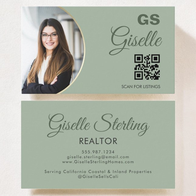 Carte De Visite Sage Green Photo Monogramme Realtor QR Code (Créateur téléchargé)