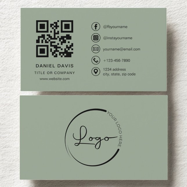 Carte De Visite Sage Green Professional Logo de la société Code QR (Créateur téléchargé)
