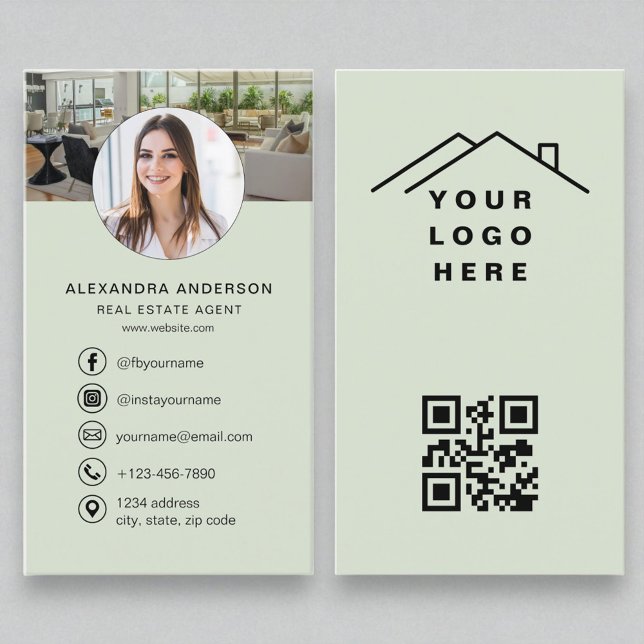 Carte De Visite Sage Green QR Code Agent immobilier Logo photo (Créateur téléchargé)