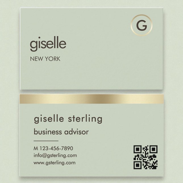 Carte De Visite Sage Green QR Code Faux Gold Foil Monogramme (Créateur téléchargé)