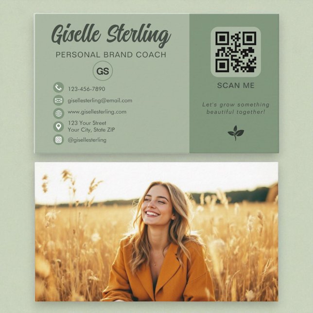 Carte De Visite Sage Green QR Code Photo Monogramme Médias sociaux (Créateur téléchargé)