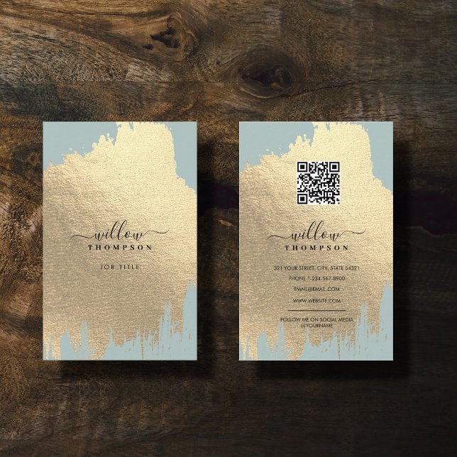 Carte De Visite Sage Green Rose Gold Brush Strot Code QR (Sage Green Rose Gold Foil Brush Stroke QR Code Business Card)