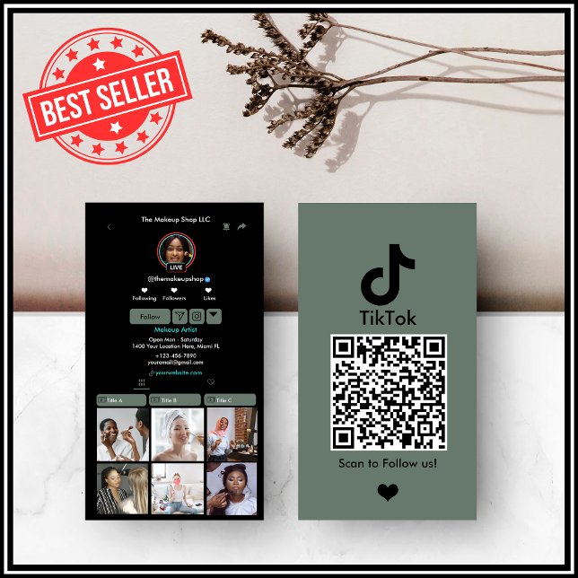 Carte De Visite Sage Green TikTok Social Media QR Code (Créateur téléchargé)
