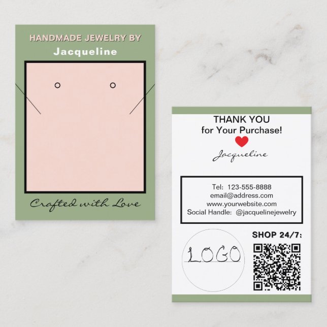 Carte De Visite Sage Pink Necklace Earrings Logo Website QR Code (Devant / Derrière)