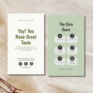 Carte De Visite Sage Social Media Tumbler Care Instructions Card