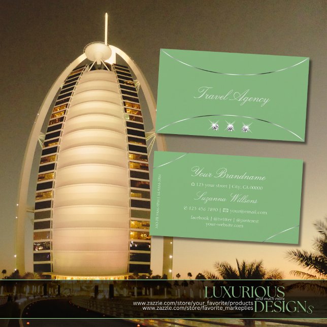 Carte De Visite Sage vert avec Décor Argent et Diamants Étincelant (Créateur téléchargé)