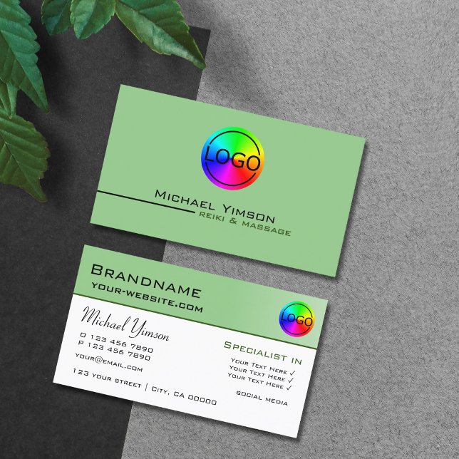 Carte De Visite Sage vert et blanc simple avec logo professionnel (Créateur téléchargé)