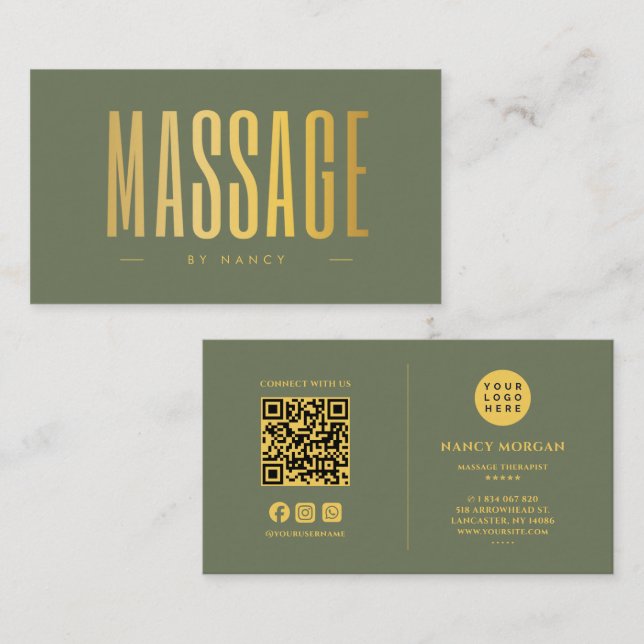 Carte De Visite Sage Vert Et Or Code QR De Massage Et Logo (Devant / Derrière)