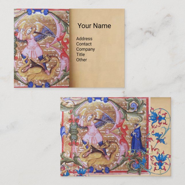 Carte De Visite Saint Michael Archangel Antique Parchemin Monogram (Devant / Derrière)