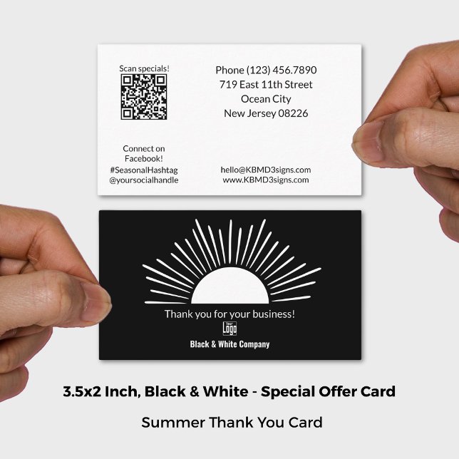 Carte De Visite Saison de soleil d'été noir et blanc Merci (3.5x2 Inch, Black & White Summer Sun Season Thank You Business Card)