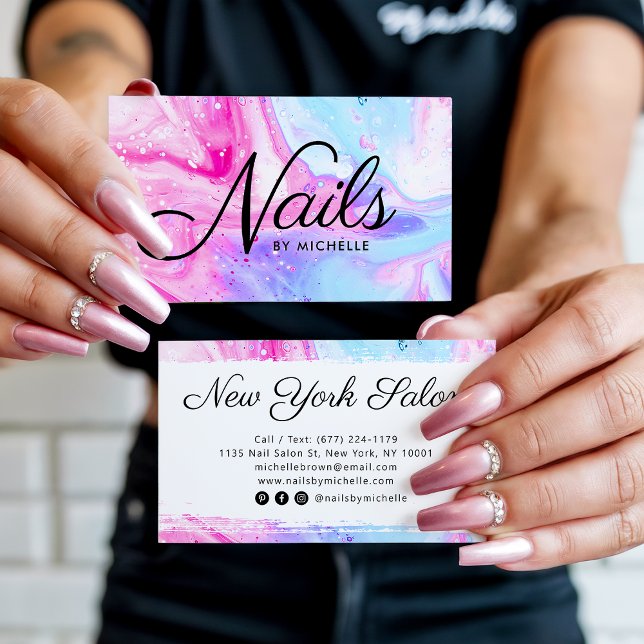 Carte De Visite Salon à ongles bleu rose girly abstraite aquarelle (Nail salon pink blue girly abstract watercolor art)