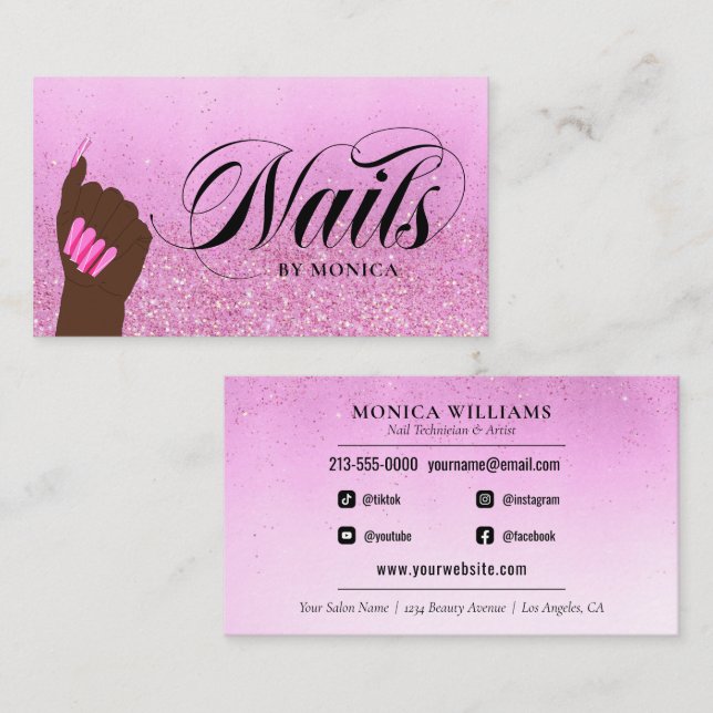 Carte De Visite Salon à ongles Hot rose Glam Parties scintillant M (Devant / Derrière)