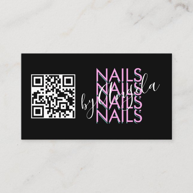Carte De Visite Salon Cils Gras Ongles Code QR Rose Noir  (Devant)
