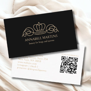 Carte De Visite Salon Couronne Élégante Code QR Noir Beige