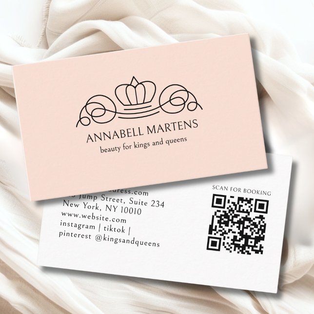 Carte De Visite Salon Couronne Élégante Code QR Peach (Elegant Crown Salon Peach QR Code Business Card)