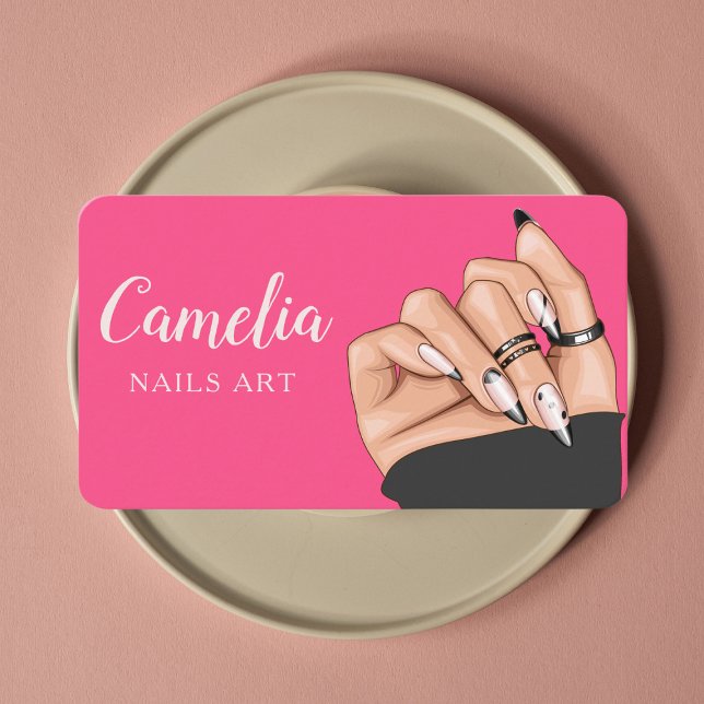 Carte De Visite Salon d'art professionnel noir rose ongle Qr Code (Créateur téléchargé)