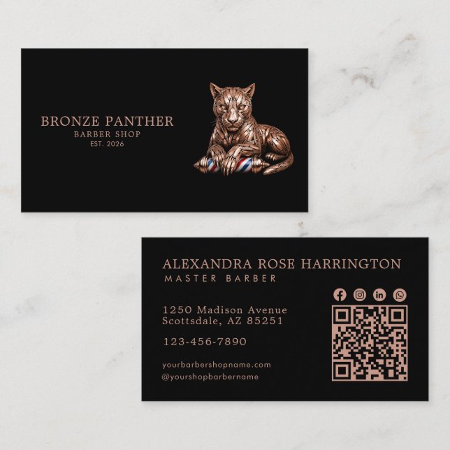 Carte De Visite Salon de barbier Maître Rose Gold Panther Code Qr (Devant / Derrière)