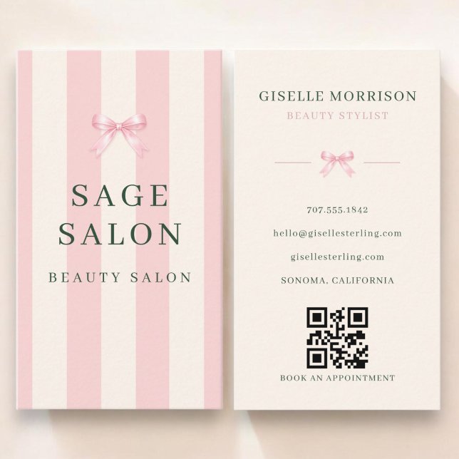Carte De Visite Salon de beauté Code QR Ruban rayé rose et vert (Créateur téléchargé)