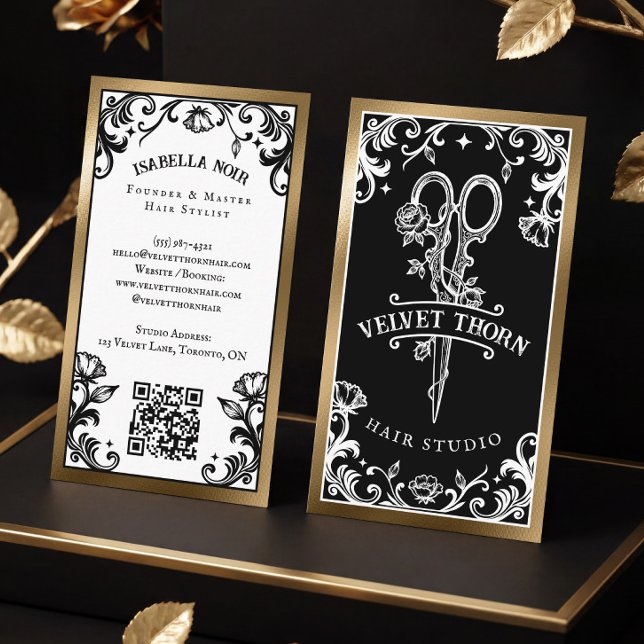 Carte De Visite Salon de beauté de coiffure gothique vintage noir (Gothic Vintage Hair Stylist Beauty Salon Black Business Card)