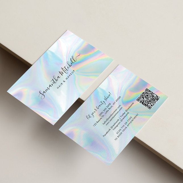 Carte De Visite Salon de beauté holographique Code QR fait main (Créateur téléchargé)