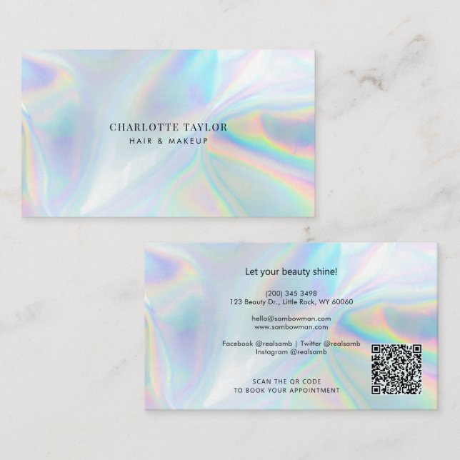 Carte De Visite Salon de beauté holographique Code QR fait main (Devant / Derrière)