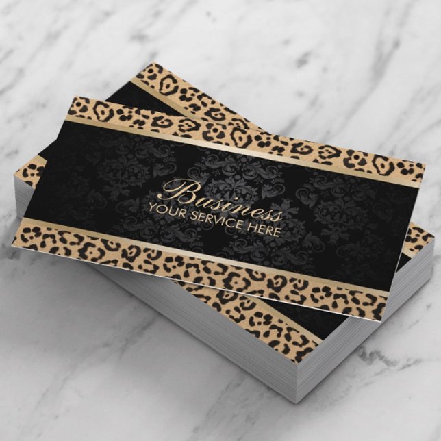 Carte De Visite Salon de beauté Leopard Black Damask de luxe (Créateur téléchargé)