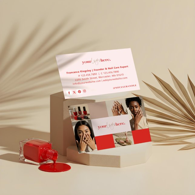 Carte De Visite Salon de beauté moderne pour ongles avec logo et g (Modern Logo Nail Beauty Salon Photo Grid Collage Business Card)